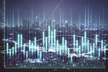 Financial graph on night city scape with tall buildings background multi exposure. Analysis concept.