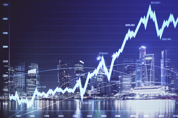 Financial chart on city scape with tall buildings background multi exposure. Analysis concept.