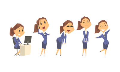 Woman Wearing Office Uniform and Working on Project During the Day Vector Set