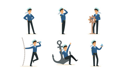 Sailor Character on Board Doing Work Vector Illustrations Set