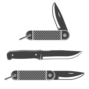 Set of knifes silhouette isolated on white background. Vector. Hunting knife icon.