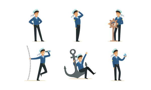 Sailor Character on Board Doing Work Vector Illustrations Set