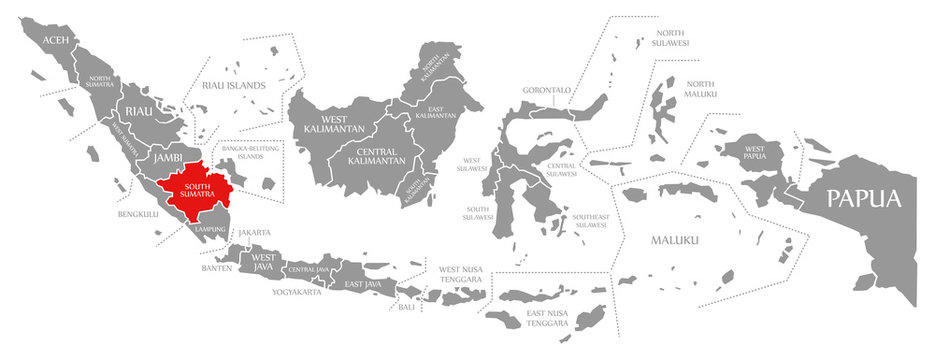 South Sumatra red highlighted in map of Indonesia