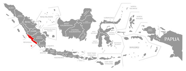 Bengkulu red highlighted in map of Indonesia