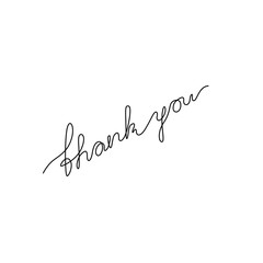 Thank you inscription, continuous line drawing, hand lettering small tattoo, print for clothes, t-shirt, emblem or logo design, one single line on a white background, isolated vector illustration.