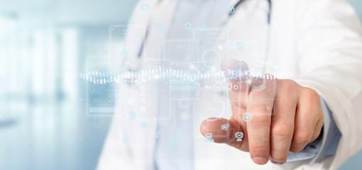 Doctor holding User interface screens with icon, stats and data 3d rendering