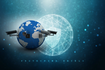 Naklejka premium 3d rendering Surveillance CCTV Security Camera connected globe 