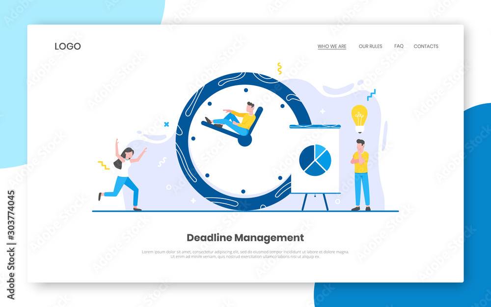 Poster business time management internet landing page concept template with tiny people characters working 