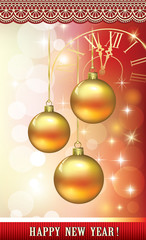 Happy New Year 2020. Greeting card with balls on a luminous background with a clock. Vector illustration