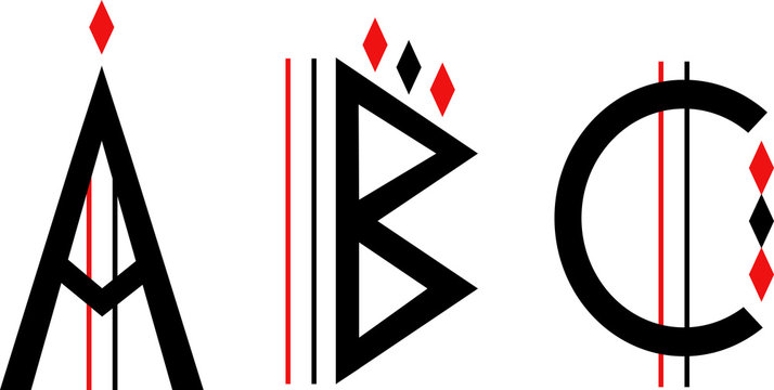 Red and black ardeco / gothic abstract font with rhombuses and lines: A, B, C. Vector graphics, vector illustration