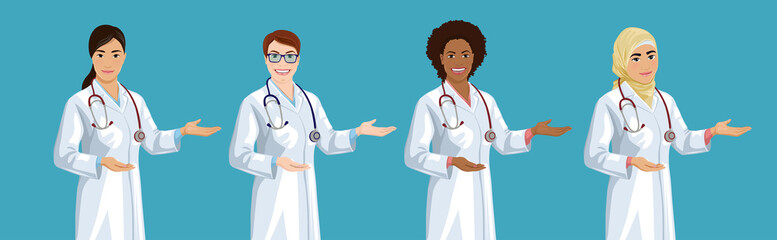 Set of smiling European, African American, Asian and Arab female doctors. Cute women wearing a lab coat stands and points by palm. Vector illustration isolated on the blue background