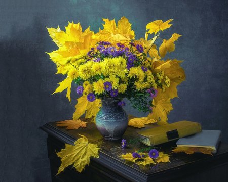 Still life with bouquet of autumns flowers 