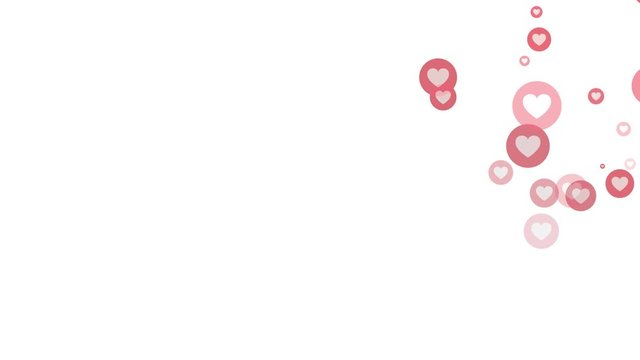 Animated social media red hearts on white background flying from the bottom to the top on the right side of a frame
