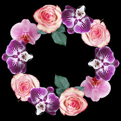 Beautiful floral circle of roses and orchids. Isolated