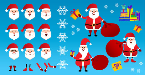 Fototapeta premium Santa Claus in red clothes. Set of different emotions character Santa. Happy old man with white beard. vector illustration in cartoon style