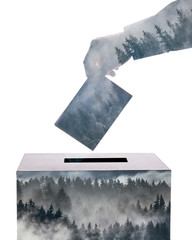 Double exposure of nature lover putting the ballot in the voting box