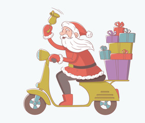 Happy Santa is riding motor bike with gifts. Santa is ringing a bell. Vector illustration.