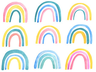 Set of isolated watercolor rainbows in childish style. Hand drawn on white background.