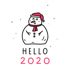 Hand drawn snowman - hello 2020. Vector illustration for greeting card, stickers, t shirt, posters, flyers design. 