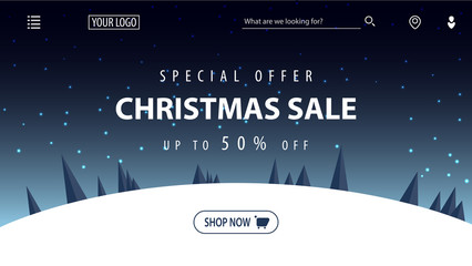 Special offer, Christmas sale, up to 50% off, beautiful discount banner with cartoon winter night starry landscape on background