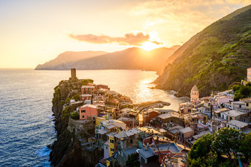 Vernazza - Village of Cinque Terre National Park at Coast of Italy. Beautiful colors at sunset....