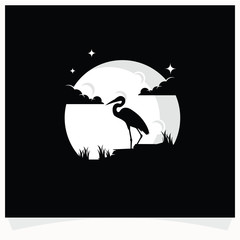 Heron Silhouette with Moon Background Logo Design Template
