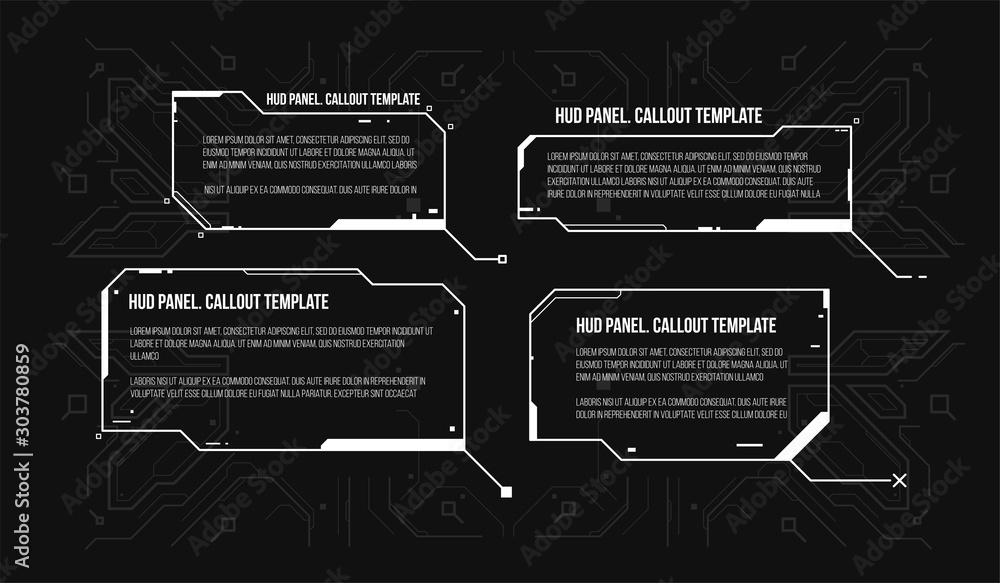 Poster Hi tech abstract, rectangle frame. HUD futuristic user interface screen elements set. Sci-Fi Virtual Reality panell.