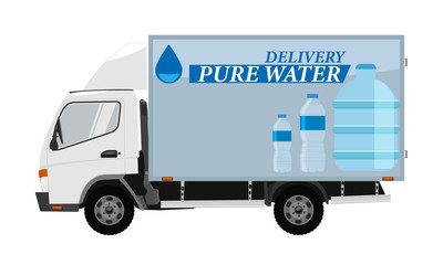 Water delivery car with water bottle advertisement on it. Vector illustration.