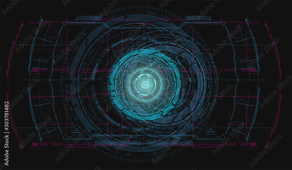 Poster vector blue radar screen. hud hi-tech futuristic display. tech and science, analysis theme. abstract