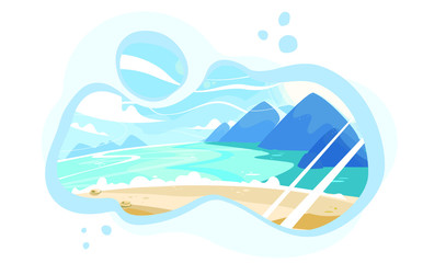 Fototapeta na wymiar Seafront bright cartoon summer landscape. Abstract seaside view and beach resort concept. Blue sky and mountains and ocean without buildings and urban. Vector isolated illustration