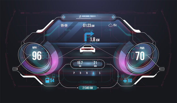 Speed hud kilometer performance indicators dashboard. Car Instrument Panel. Tachometer, Data Display and Navigation. Virtual graphical interface Ui HUD Autoscann. Virtual graphic.