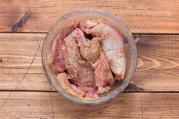 Step-by-step preparation of baked turkey thigh fillet meat, top view, horizontal