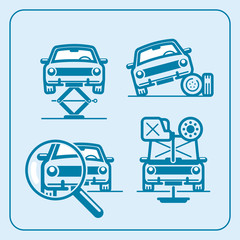 Car repair at the service station set of illustrations in line art and outline style