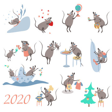 Set of cute funny rats celebrating different holidays. Great for design of calendars, posters and greeting cards. 2020