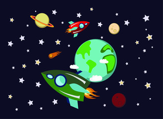 rocket in space. cosmic world. vector illustration
