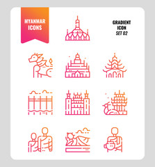 Fototapeta na wymiar Myanmar icon set 2. Include landmark, people, culture and more. Gradient icons Design. vector