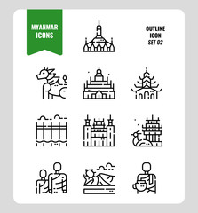 Fototapeta na wymiar Myanmar icon set 2. Include landmark, people, culture and more. Outline icons Design. vector
