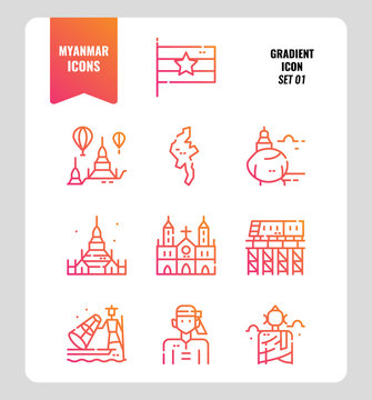 Myanmar icon set 1. Include flag, landmark, people, culture and more. Gradient icons Design. vector