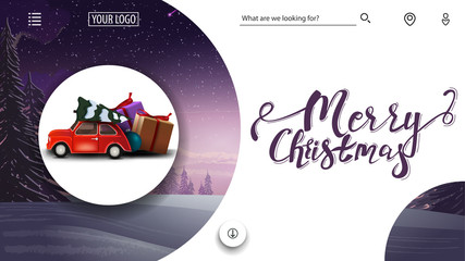 Merry Christmas, purple and white greeting card for website with winter landscape and red vintage car carrying Christmas tree