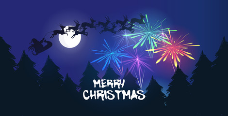Fototapeta na wymiar santa flying in sleigh with reindeers festive colorful fireworks salute in night sky over snowy pine forest merry christmas happy new year winter holidays concept greeting card horizontal vector