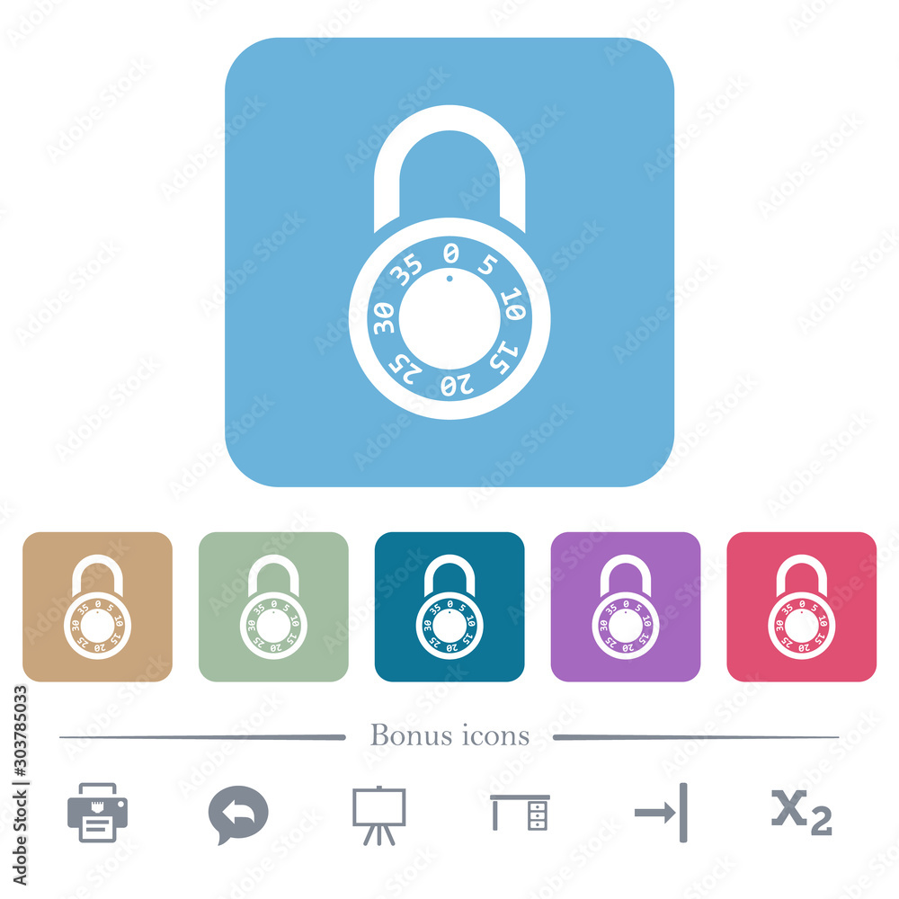 Poster locked round combination lock flat icons on color rounded square backgrounds