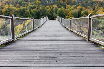 Obraz premium ESSING, BAVARIA / GERMANY - Oct 16, 2019: Straight view on Tatzelwurm Brücke (bridge). Guiderails on left and right. Wavy construction, with trees in the background. The wooden bridge opened in 1986.