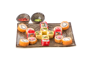 Fototapeta na wymiar Japanese food restaurant sushi maki roll plate or platter set isolated on white background