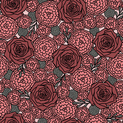 Vector floral dense seamless pattern in pink. Simple doodle rose and carnation hand drawn made into repeat. Great for background, wallpaper, wrapping paper, packaging, fashion.