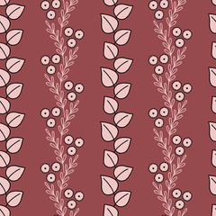 Vector vertical plant seamless pattern in pink. Simple doodle twig, flower and leaf hand drawn made into repeat. Great for background, wallpaper, wrapping paper, packaging, fashion.