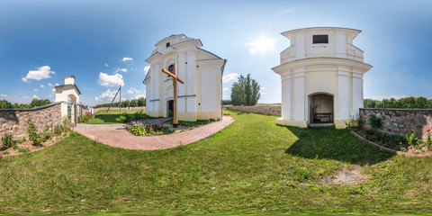 Fototapeta na wymiar Full spherical seamless hdri panorama 360 degrees in the yard near small catholic church in equirectangular projection with zenith and nadir, VR content