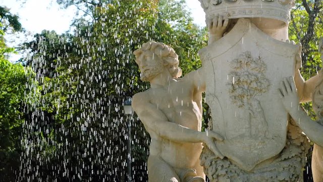 Travel concept. European streets. A fountain in Buen Retiro park. Madrid. Spain. Slow motion. HD