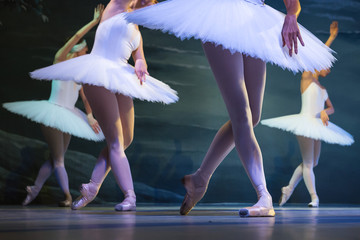 Legs of ballerinas dancing in ballet Swan Lake
