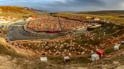 Panorama of rarung Gar Buddist Institute in Sichuan, China.