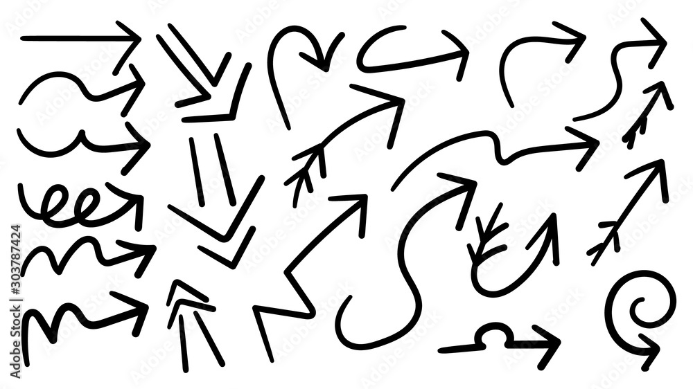 Aufkleber arrows hand drawn doodle vector set. sketch arrow design for application, banner, print screen, pen 